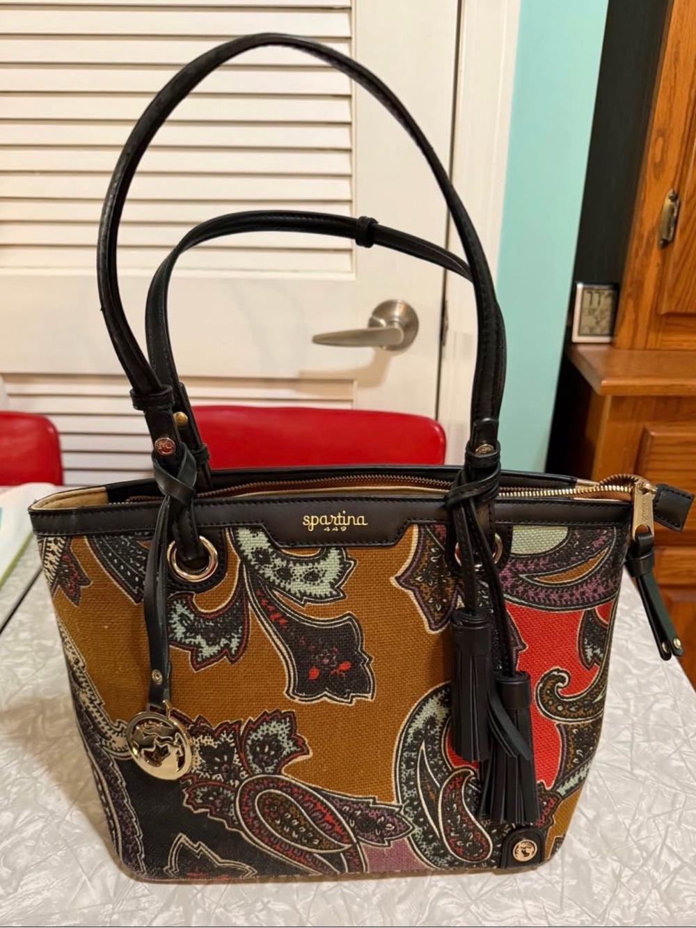 Spartina 449 Paisley Shoulder Tote in Brown Multi with Black Handles